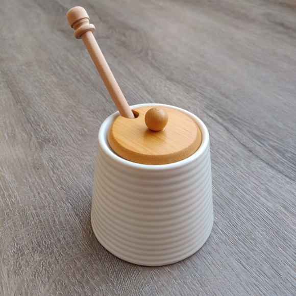 White Decorative Honey Pot with Wooden Dipper and Lid - Picture 2 of 10